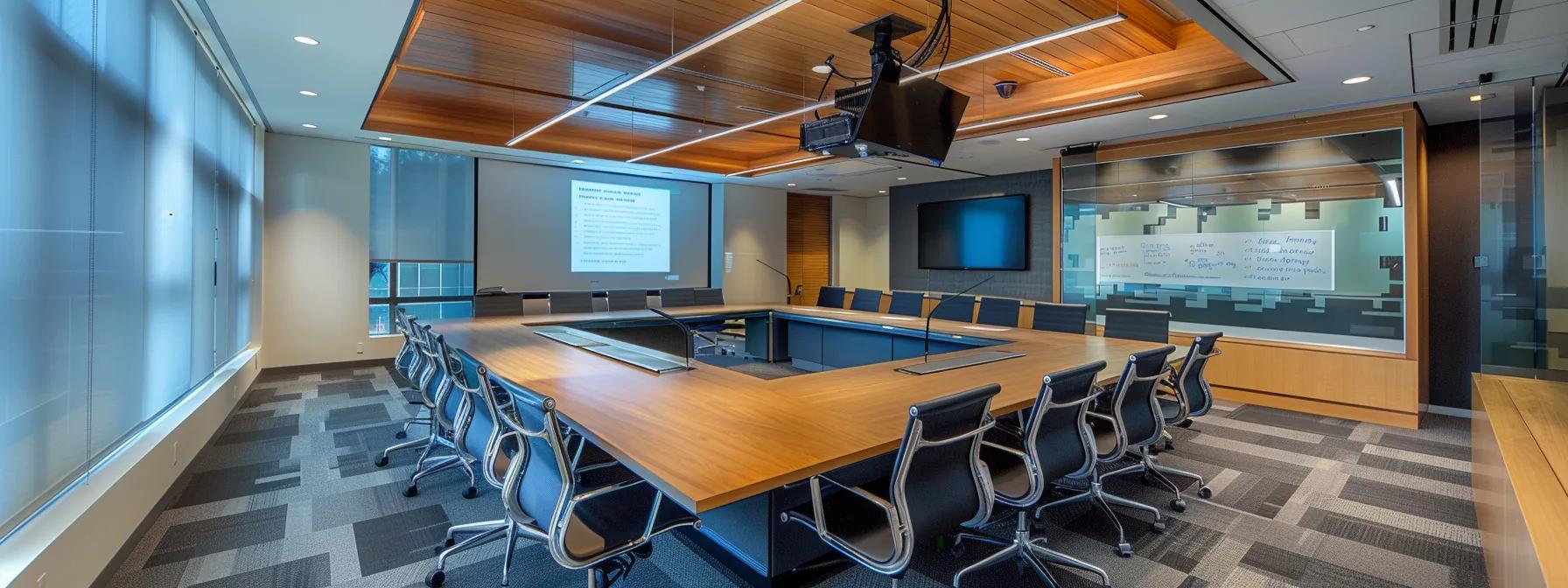 a modern office conference room, featuring a sleek table surrounded by attentive business professionals engaged in a detailed discussion about commercial cleaning services, with a backdrop of a large whiteboard displaying notes on cleaning frequency and scope tailored to their unique business needs.