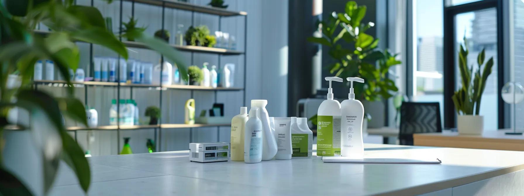 a modern office space showcases a team actively engaged in implementing a green cleaning program, with eco-friendly products prominently displayed and sleek, sustainable cleaning equipment strategically arranged to emphasize a commitment to health and environmental responsibility.