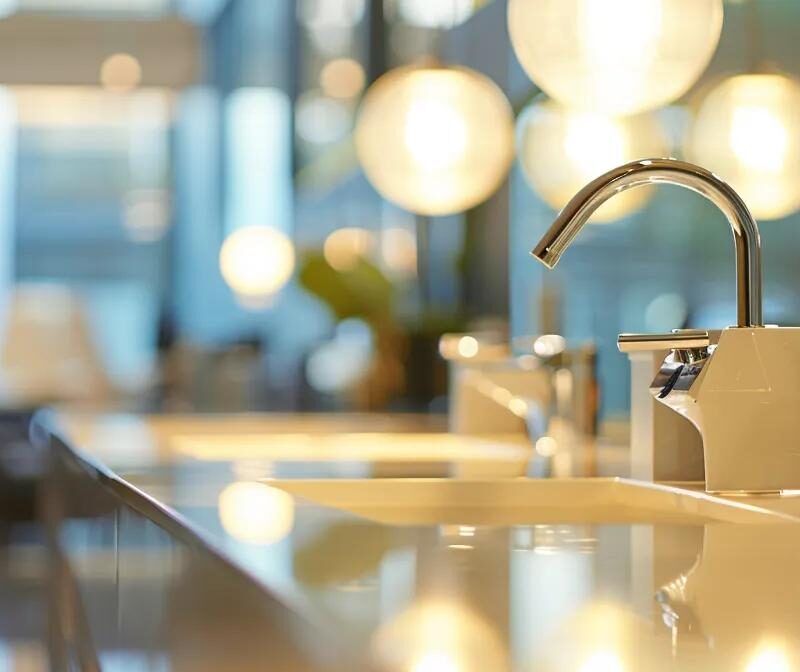 a pristine, modern office environment showcases gleaming surfaces and organized workstations, emphasizing the transformative effects of professional commercial cleaning services for a healthier workplace.